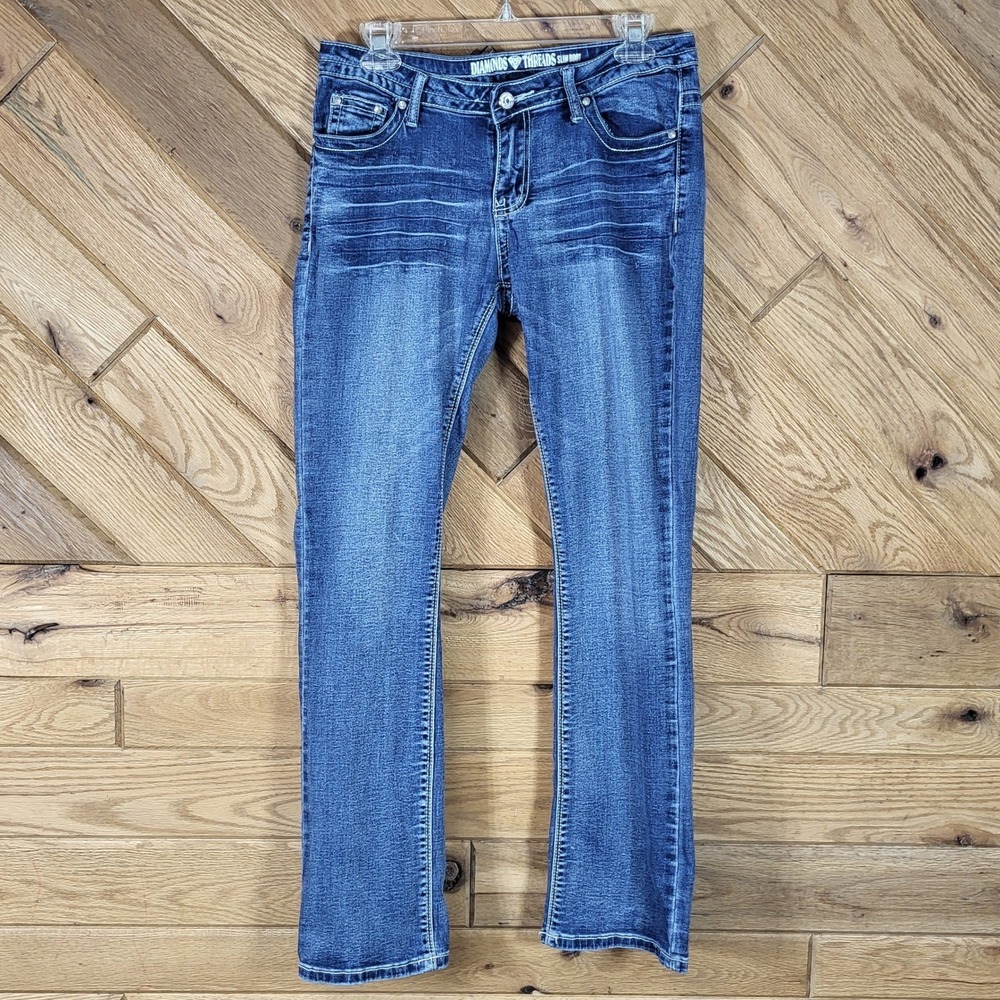 Diamonds & Threads Slim Bootcut Jeans Juniors Size 9 Blue Embellished Cross Y2K